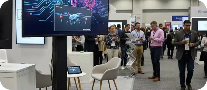 multiple monitors arranged together inside a trade show booth for branding and demos