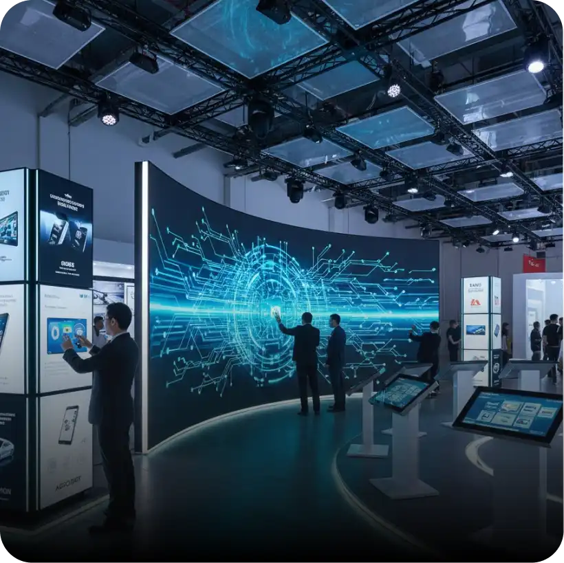 touchscreen monitor used for interactive demos inside an exhibit booth