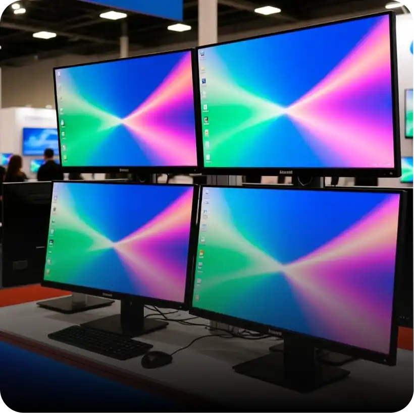 98 inch monitor rental installed in a trade show booth for high-impact visuals
